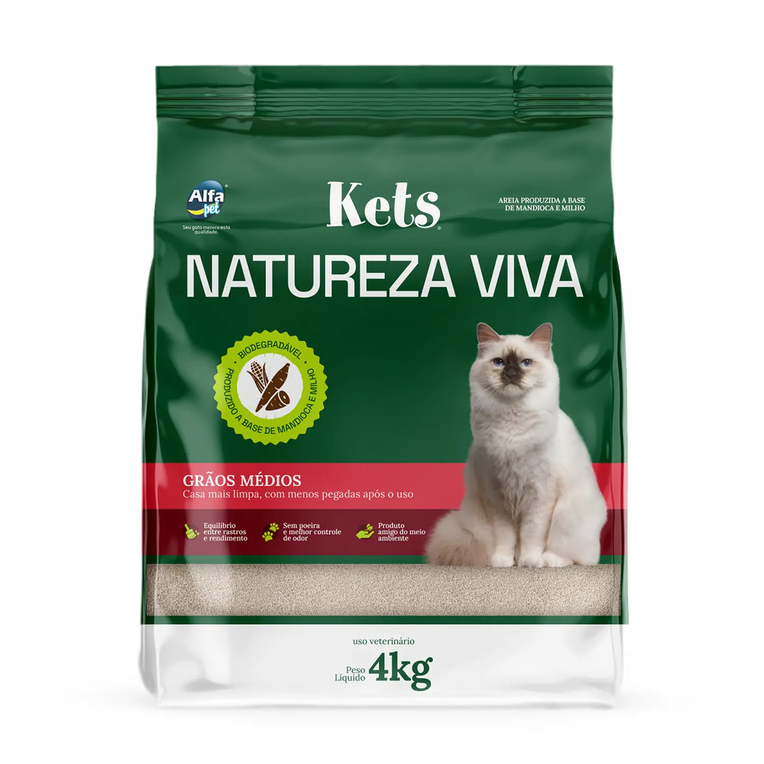 Areia Higiênica Biodegradável Kets Natureza Viva para Gatos Milho e Mandioca Grãos Médios
